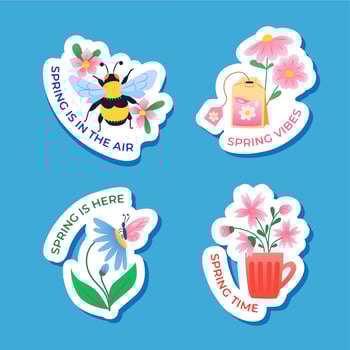 Spring stickers set with flowers, bee and butterfly vector