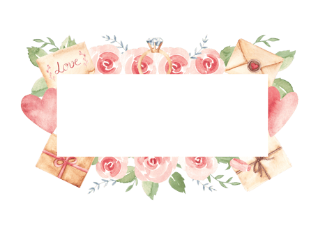 Valentine's horizontal Frame with craft Envelopes, vintage Letters, Present and a pink Hearts and Roses. Diamond Engagement Ring. Watercolor hand drawn illustration in pastel colors. png