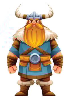 Viking character with tunic, fur, and horns, standing proudly. Cartoon illustration vector