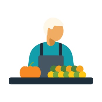 Greengrocer selling pumpkin and oranges at the market vector