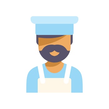 Baker wearing apron and toque smiling in bakery kitchen illustration vector