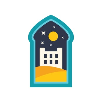 Desert castle at night seen through arabic arch window vector