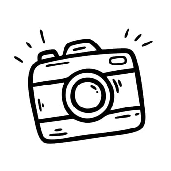 Black and white hand drawn doodle camera icon. Perfect for photography related designs, social media, stickers, and digital assets. vector
