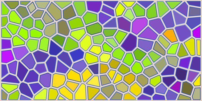 A vibrant mosaic pattern with irregular polygonal shapes in shades of yellow, green, purple, and blue, creating a stained-glass effect with a modern abstract design. vector