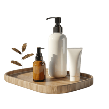 Wooden Tray Holds Bottles and Tube Of Skincare Products png
