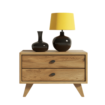 Wooden Nightstand with Lamp and Vases Decor png