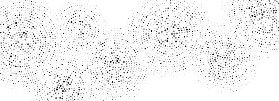 Black dotted concentric circles pattern. Radial halftone abstract wallpaper. Rippled sound wave rings background. Tech circular particles texture for banner, poster, presentation. vector