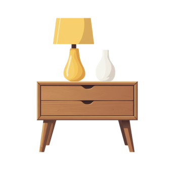 Wooden Nightstand with Lamp and Vase Decor png