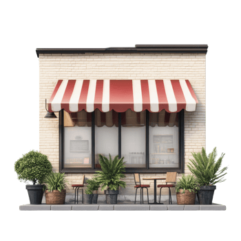Red Striped Awning Brick Building Small Shop Exterior png