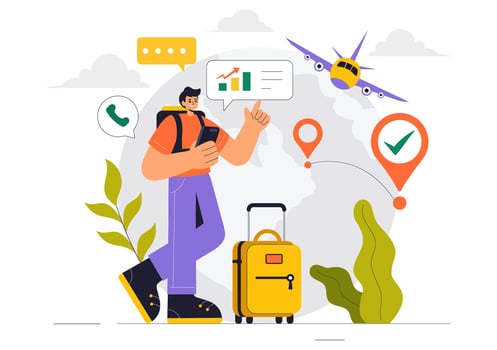 Digital Nomad Working on a Laptop While Traveling in a Flat Style Cartoon Background vector