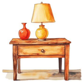 Watercolor painting of a wooden bedside table with lamp and vase png