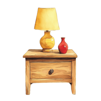 Watercolor illustration of a bedside table with lamp and vase png