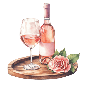Rose Wine Bottle Glass and Rose on Wooden Tray. isolated transparent png