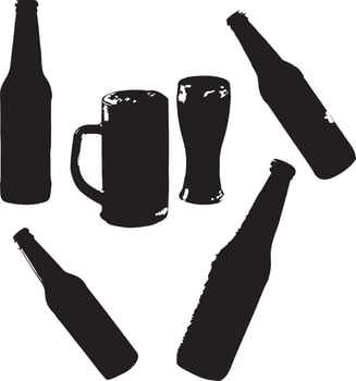 Abstract Black and White Silhouettes of Beer Bottles and Glasses vector