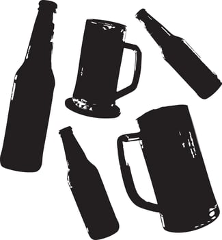 Simple Black Silhouette of Beer Bottles and Glasses This image features a collection of black silhouettes of beer bottles and glasses, set against a plain white background. vector