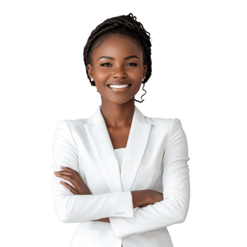 Confident African American woman in white blazer smiling png