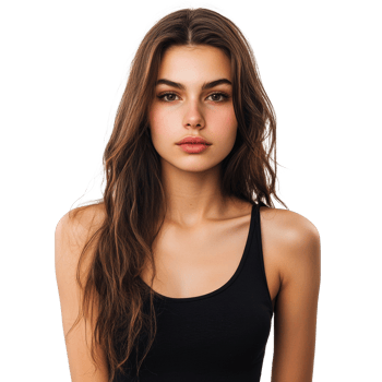 A young woman with long brown hair wearing a black top png
