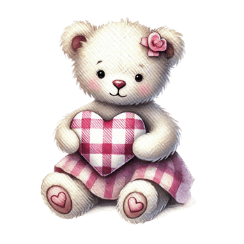 A cute teddy bear holding a red and white checkered heart, wearing a matching skirt and pink flower accessory. png