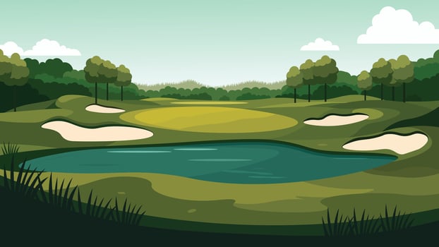 Beautiful Green Golf Sport Field Nature Panorama with Mountains View in Bright Sky vector