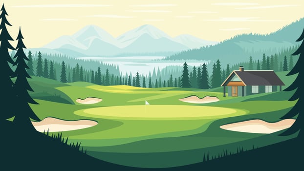 Home Building in Golf Sport Field Nature Landscape with Mountains View in the Morning vector