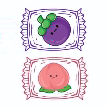 Cute cartoon candy peaches and mangosteen in a box. illustration vector