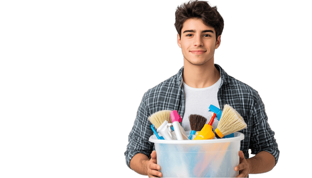 A man in casual attire holding a plastic bucket filled with cleaning brushes and detergents standing png