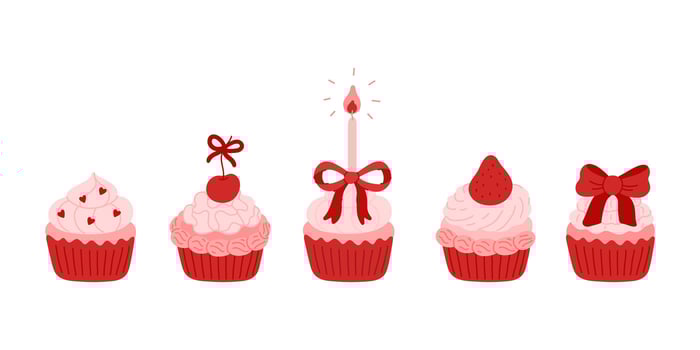 Set of cupcakes decorated with candle, whipped cream, coquette bow, strawberry, cherry berry. Festive muffins in red paper cup. Holiday sweet desserts. Delicious confectionery treat. Flat clip art vector