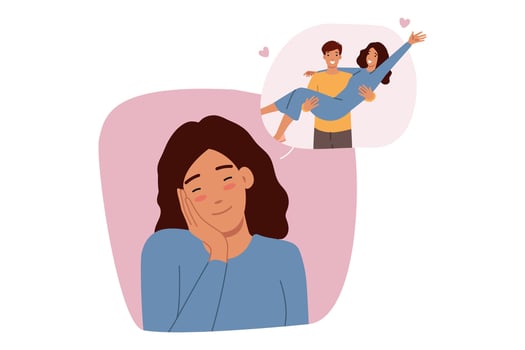 Romantic memories of woman imagining boyfriend lifting up in arms during honeymoon vector