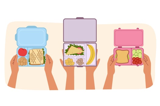 Lunch boxes with breakfast in hands of people eating sandwiches and fruits or vegetable salads vector