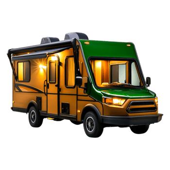 Bright Green and Orange Compact RV Camper with Extended Awning png