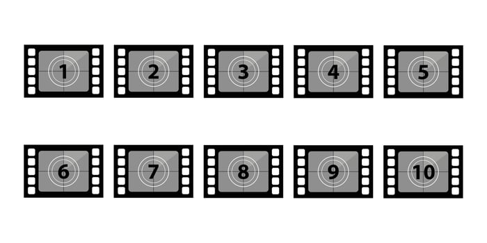 Set of countdown frame. Film countdown. Movie timer count. Retro cinema strip. Vintage timer count. vector