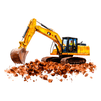 Excavator Working on Construction Site with Orange Soil and Dust png