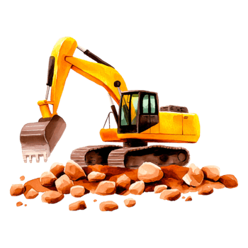 Yellow Excavator Working on Construction Site with Rocks and Dirt png