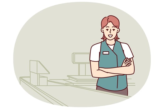 Woman supermarket cashier stands in checkout area of store with proudly arms crossed vector