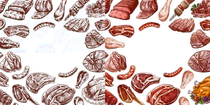 Hand-drawn meat dishes collection with white and chalkboard backgrounds vector
