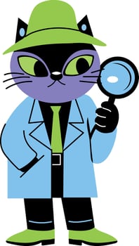 A flat style illustration of detective cat holding magnifying glass vector