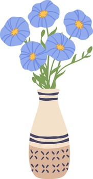 Five light blue flowers with yellow center and green stems are standing in a beige vase decorated with blue lines and crosses, isolated illustration on a white background vector