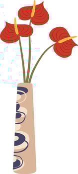 Three red anthurium flowers with yellow pistils standing in a beige ceramic vase decorated with blue and light brown circles on a white background vector