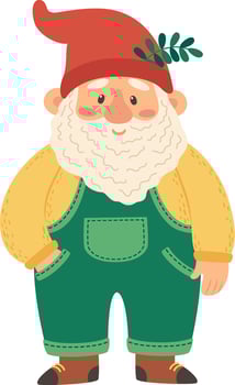 Cheerful garden gnome with a long white beard, dressed in green overalls, a yellow shirt, and a red pointed hat, standing with one hand in his pocket and smiling vector
