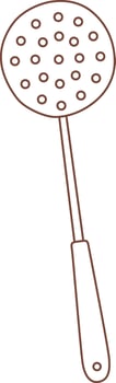 Simple brown line drawing of a skimmer, a kitchen utensil with a round perforated head and a long handle, ideal for lifting food out of liquids vector