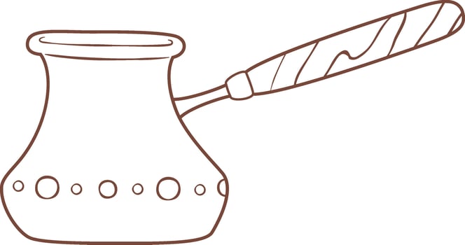 Brown line drawing of a cezve with a long wooden handle, decorated with small circles, used for preparing turkish coffee, representing turkish culture and coffee brewing traditions vector