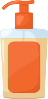 Light brown plastic bottle holding liquid soap features an orange dispenser and label, presented as a illustration against a clean white background vector