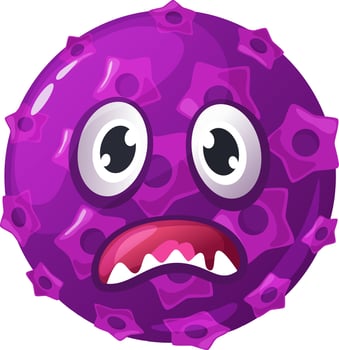 Cartoon illustration depicting a round purple virus, showcasing its teeth while expressing a worried look, all set against a clean, isolated white background vector