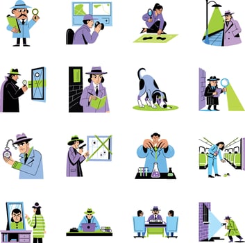 Bundle of Flat Style Detective Characters Illustrations vector