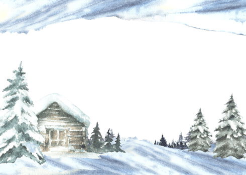 Winter landscape. Snow covered cabin with snowy pine tree. Christmas motive, banner with wooden house, chalet surrounded by snowdrifts. Watercolor hand painted illustration isolated from background. png