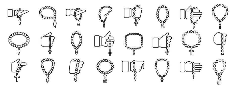 Prayer beads icons set. Hands holding rosary beads, praying and meditating with religious symbol icons vector