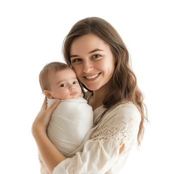 A young mother holding a swaddled baby in her arms png