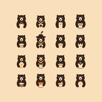 cute bear cartoon flat icon set logo design vector