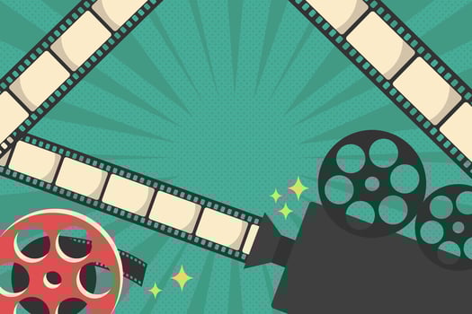Cinema movie background in retro style decorated with rays and polka dot pattern. Movie camera, film reel and film strips. Movie film premiere template vector