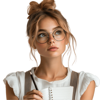 A female writer with glasses holding a notebook transparent background png